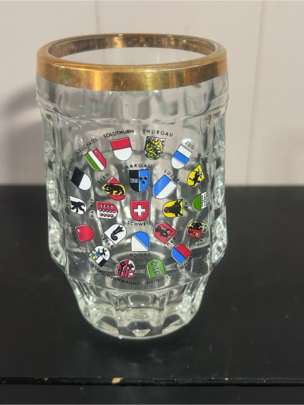 Swiss Crest Glass Beer Stein Mug with Gold Rim